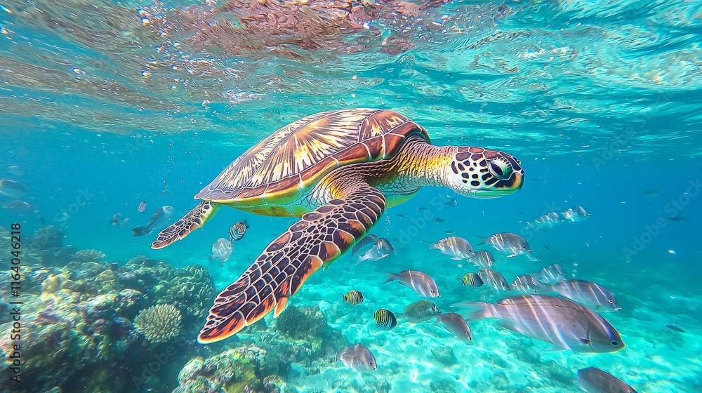 Fototapeta premium Underwater sea turtle swimming near coral reef with colorful fish.
