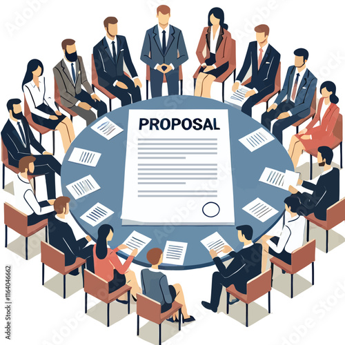 cartoon of business people having a proposal meeting