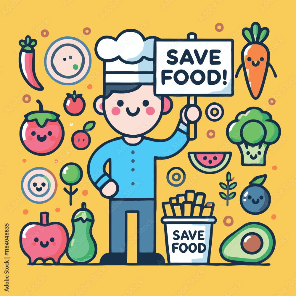 smiling cartoon character holding a Save Food sign smiling cartoon character holding a Save Food sign