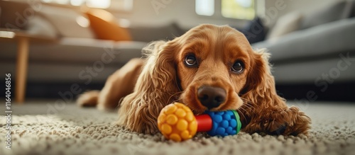 Cocker spaniel enjoying a colorful toy on soft carpet in a cozy living room atmosphere perfect for pet lovers and home decor enthusiasts photo