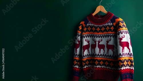 Cozy handknit sweater with deer or reindeer silhouettes on dark green. photo