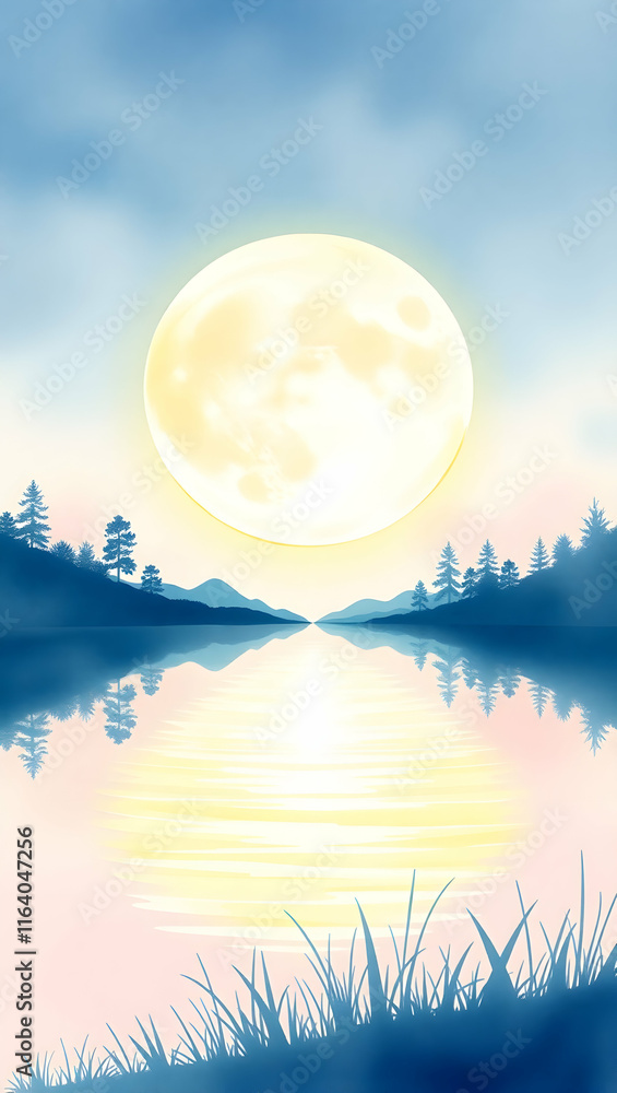 Full moon reflecting in a lake, with surrounding trees, grass, and a cloudy blue sky. Full moon reflecting in a lake, with surrounding trees, grass, and a cloudy blue sky.