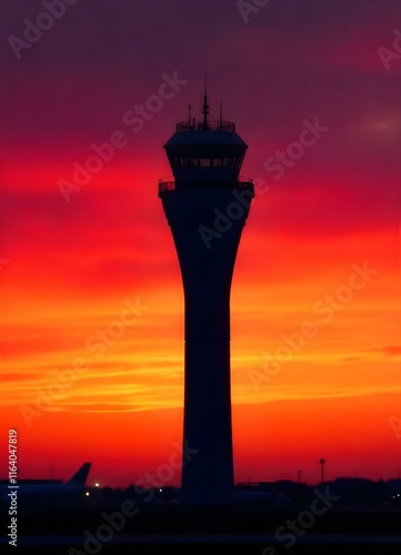 Silhouette of an air traffic control tower against a vibrant sunset sky. photo