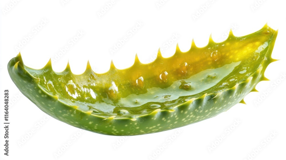 Naklejka premium Aloe vera fresh leaf cross-section showcasing translucent gel and spiny edges isolated on white background for natural skincare concepts.