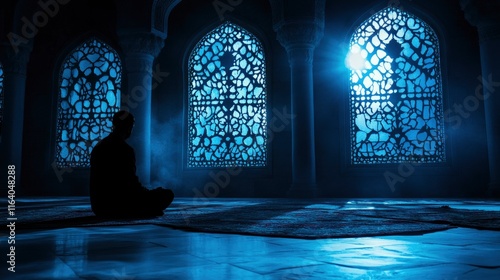 silhouette A Muslim man is praying inside a mosque. with the blue moonlight coming in through the windows and gaps. copy space. Isra mi;raj, ramadan.  photo