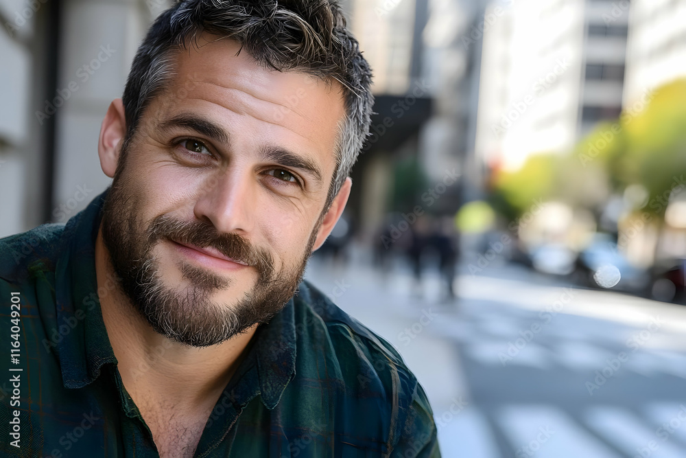 Portrait of a smiling man with a beard and graying hair in a city setting. Portrait of a smiling man with a beard and graying hair in a city setting.