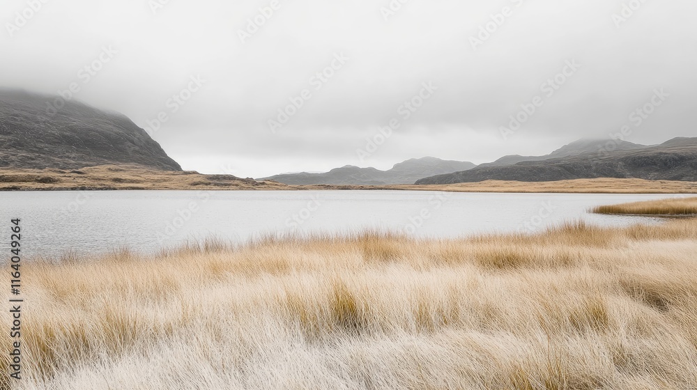 Serene gray landscape with white dried grass by a tranquil lake evoking peace and solitude in minimalist natural scenery Serene gray landscape with white dried grass by a tranquil lake evoking peace and solitude in minimalist natural scenery