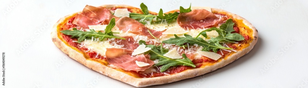 Heart-shaped pizza concept for Valentine's Day. Heart-shaped pizza with toppings and fresh arugula garnish Heart-shaped pizza concept for Valentine's Day. Heart-shaped pizza with toppings and fresh arugula garnish