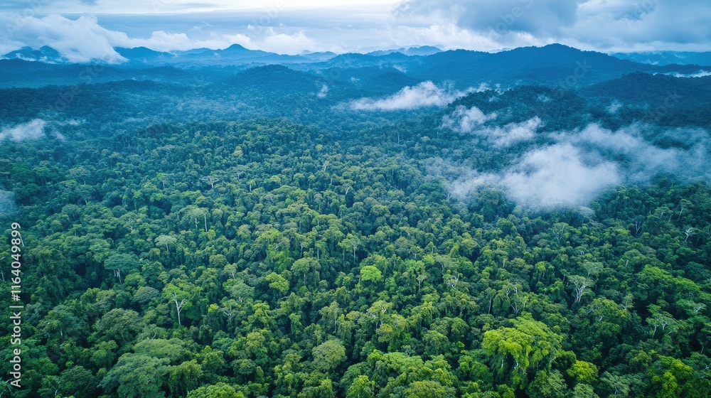 Fototapeta premium Aerial Perspective of Lush Green Forest Cover with Dramatic Mountain Backdrop and Cloudy Skies