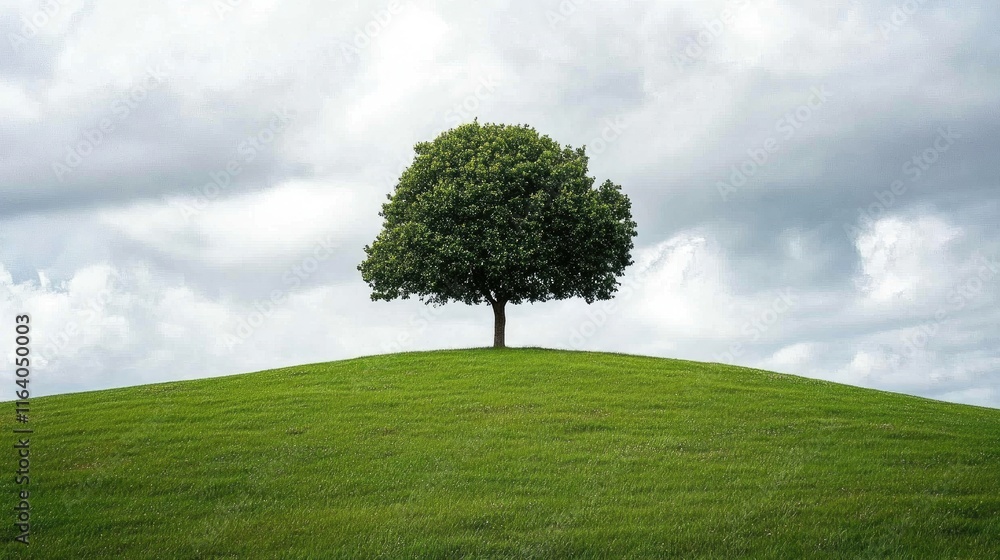 Lone tree on a vibrant green meadow beneath a dramatic cloudy sky creating a serene natural landscape scene. Lone tree on a vibrant green meadow beneath a dramatic cloudy sky creating a serene natural landscape scene.