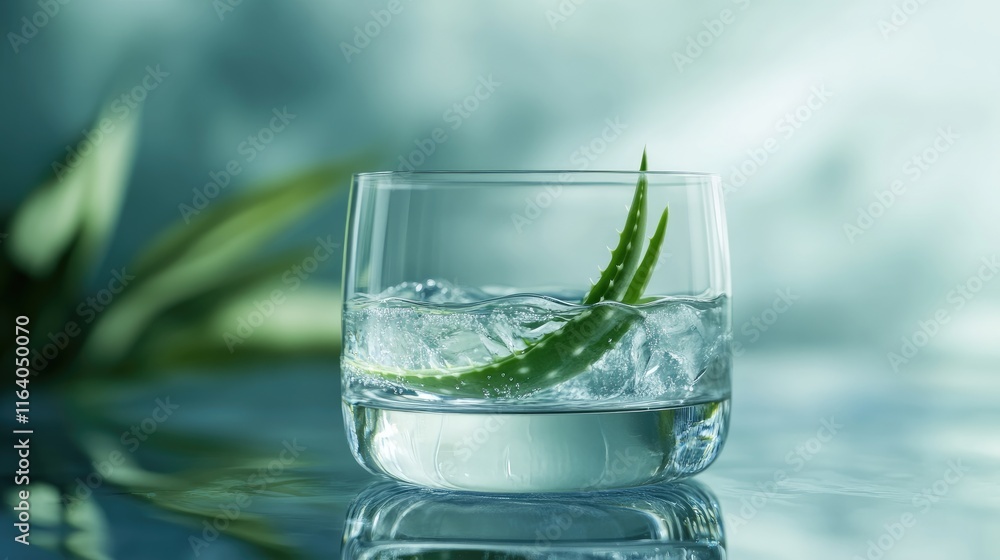 Fresh Aloe Vera Leaf in a Glass with Ice on an Isolated Calm Background for Natural Wellness and Health Concepts Fresh Aloe Vera Leaf in a Glass with Ice on an Isolated Calm Background for Natural Wellness and Health Concepts