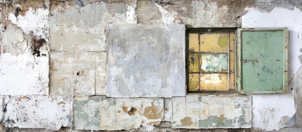 Naklejka premium Abandoned industrial wall with vintage windows showcasing the beauty of decay and forgotten architectural history in a urban setting