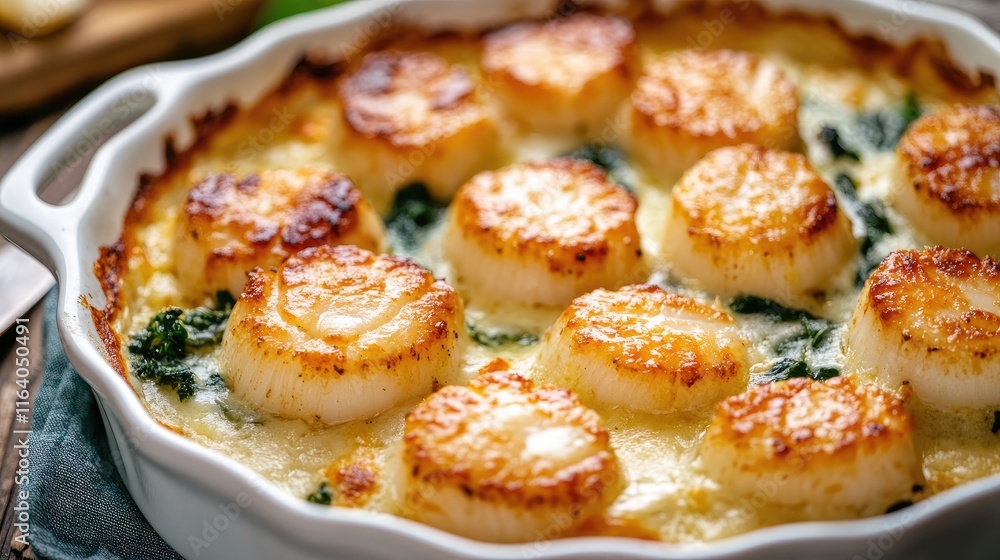 Baked parmesan scallops with cheese and spinach in a creamy gratin dish perfect for seafood lovers and gourmet dining experiences Baked parmesan scallops with cheese and spinach in a creamy gratin dish perfect for seafood lovers and gourmet dining experiences