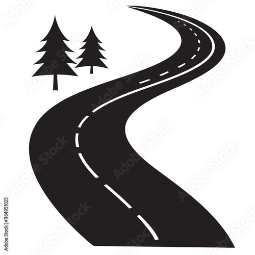 Isolated black color curved road or highway with dividing markings,trees silhouette 