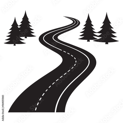 Isolated black color curved road or highway with dividing markings,trees silhouette