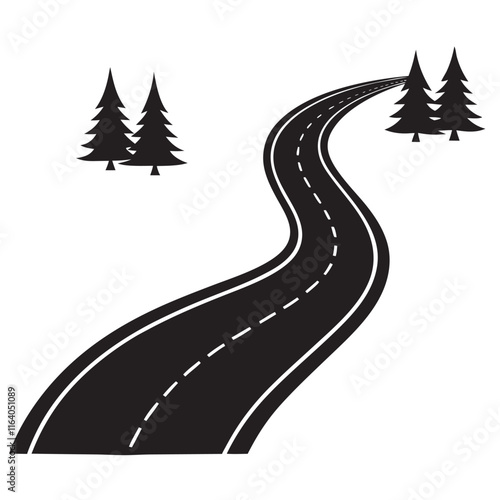 Isolated black color curved road or highway with dividing markings,trees silhouette 