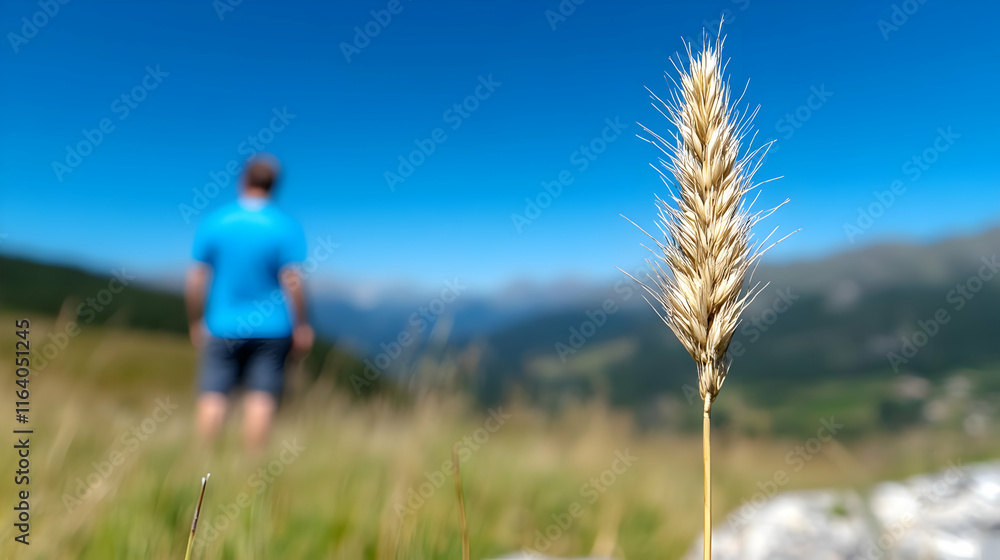Single wheat stalk with blurred man hiking in mountain landscape. Single wheat stalk with blurred man hiking in mountain landscape.