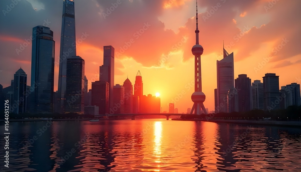 Obraz premium A stunning cityscape at sunset with glowing skyscrapers and serene water reflections.