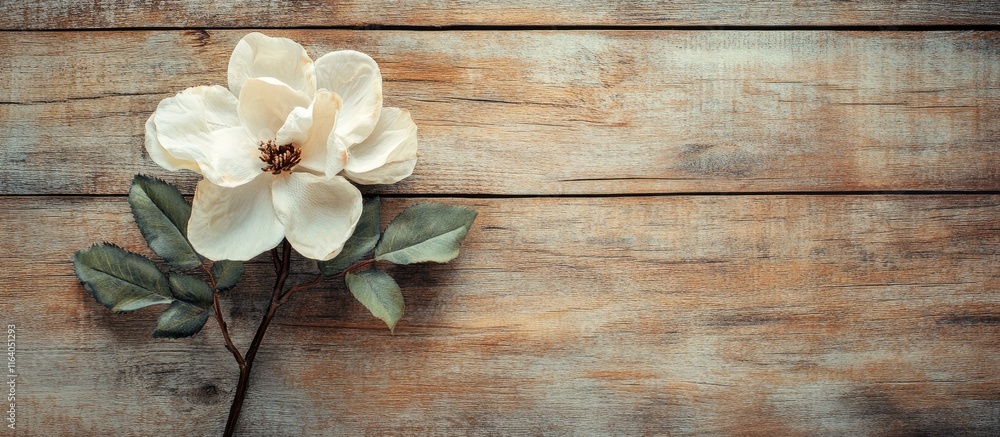 Artificial flower on rustic wooden background creating a vintage decor aesthetic for interior design and home styling projects. Artificial flower on rustic wooden background creating a vintage decor aesthetic for interior design and home styling projects.