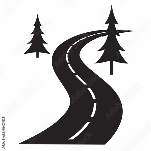 Isolated black color curved road or highway with dividing markings,trees silhouette
