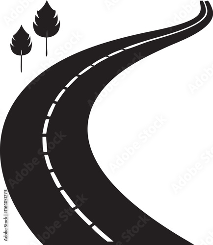 Isolated black colorcurved road or highway with dividing markings silhouette