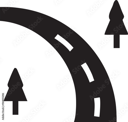 Isolated black colorcurved road or highway with dividing markings silhouette