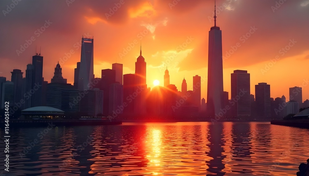 Fototapeta premium A stunning cityscape at sunset with glowing skyscrapers and serene water reflections.