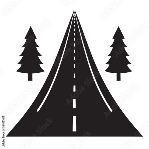 Isolated black colorcurved road or highway with dividing markings silhouette 