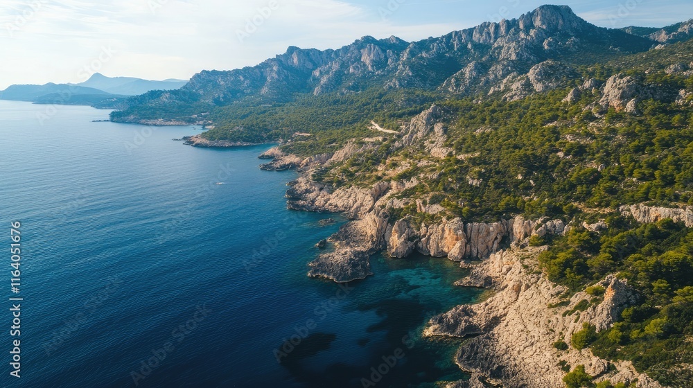 Fototapeta premium Aerial view of a rugged coastline featuring rocky shores and tranquil blue waters against a backdrop of majestic mountains