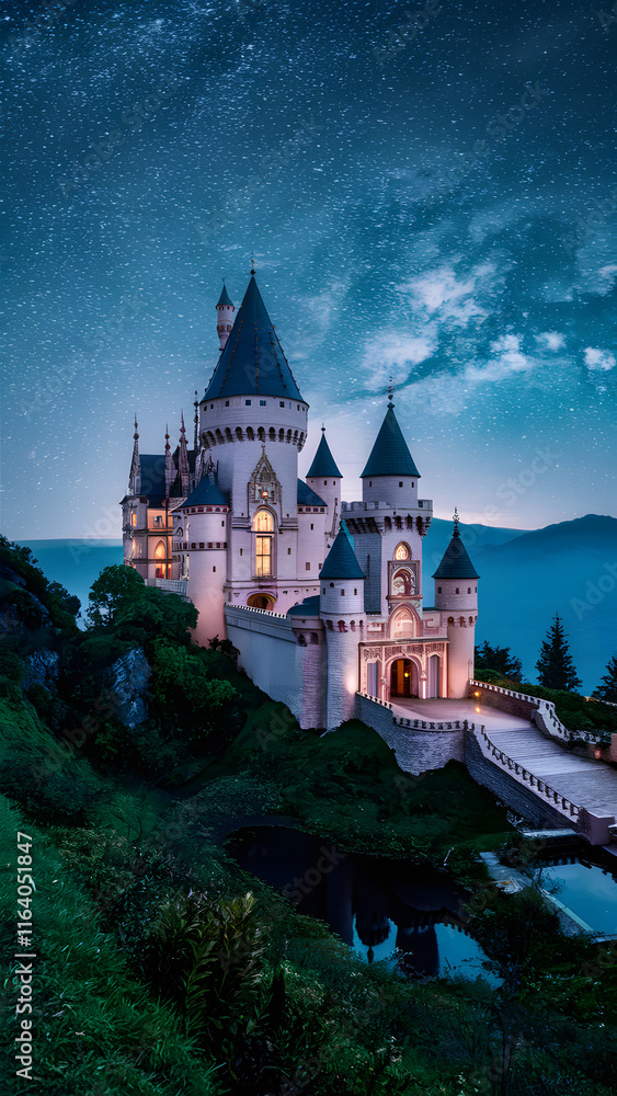 A stunning castle on a hill overlooks the endless glow of the stars at night.
A stunning castle on a hill overlooks the endless glow of the stars at night.