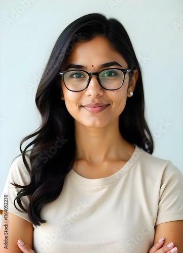 A confident young Indian woman in a beige top, exuding intelligence and determination. photo