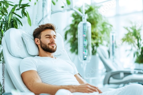 A traveler receiving jet lag recovery through IV therapy in a luxury airport lounge