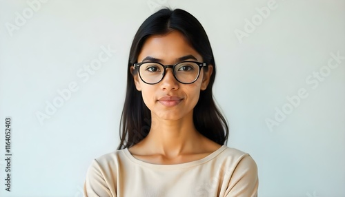 A confident young Indian woman in a beige top, exuding intelligence and determination. photo