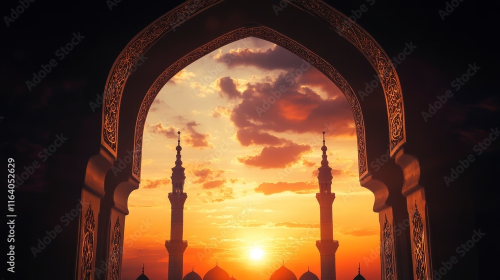 Naklejka premium Mosque sunset islamic frame, vertical image, social media story, concept of night journey of isra mi'raj, ramadan, eid al-fitr, muharram, concept wallpaper. Copy space.