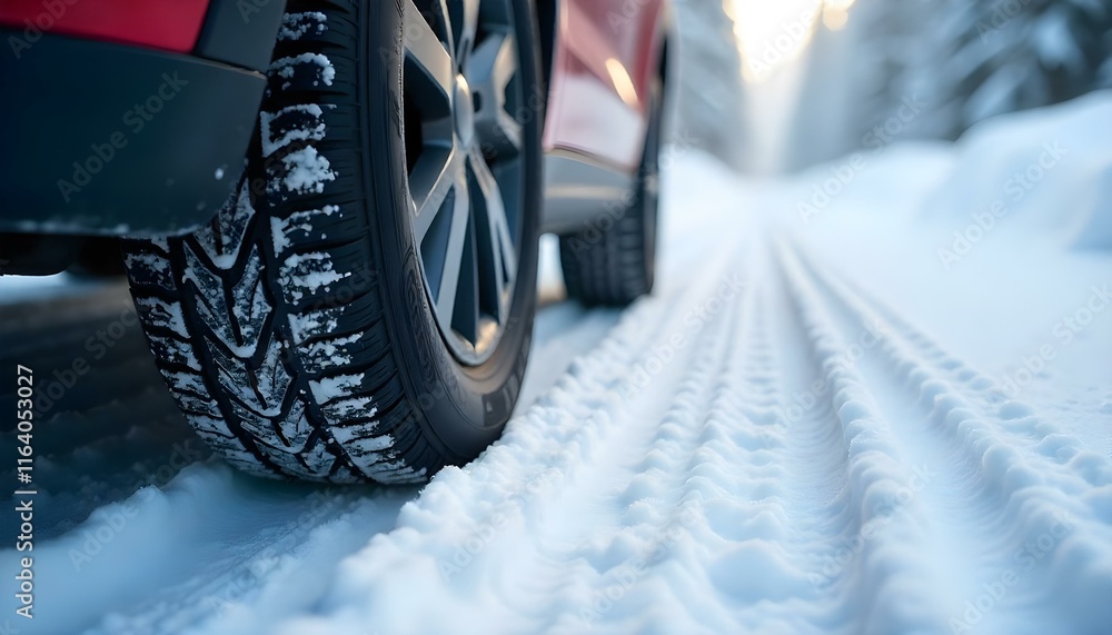 A winter tire on snowy road, leaving clear imprints with falling snowflakes. A winter tire on snowy road, leaving clear imprints with falling snowflakes.