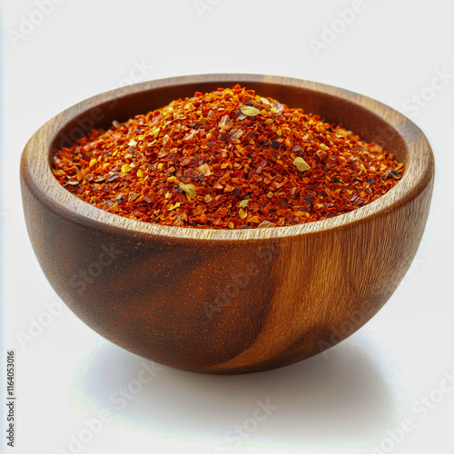 Wooden bowl with paprika isolated on white background. photo