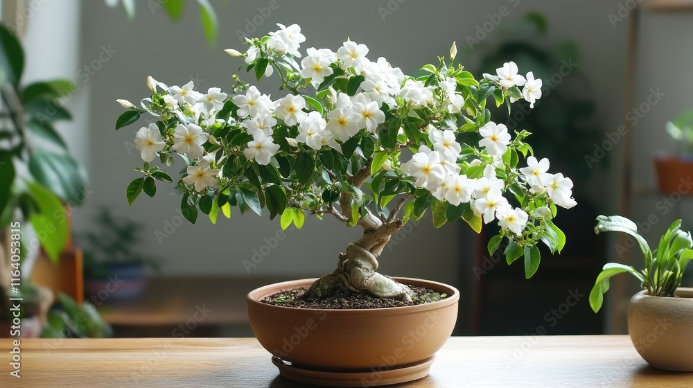 Jasmine bonsai plant in a decorative pot with blooming flowers and lush green leaves in a serene indoor setting. Jasmine bonsai plant in a decorative pot with blooming flowers and lush green leaves in a serene indoor setting.