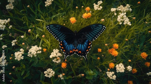 Aerial view showcasing a Spicebush Swallowtail butterfly perched on vibrant wildflowers in a blooming meadow landscape. photo