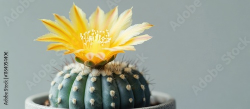 Astrophytum asterias cactus with bright yellow bloom in elegant pot perfect for indoor gardening and enhancing succulent collections photo