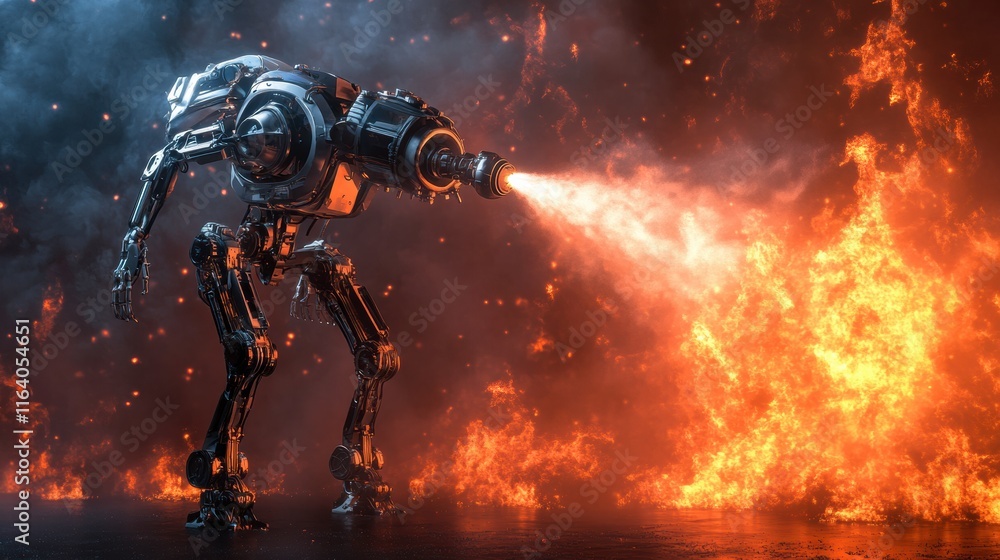 A futuristic firefighting robot extinguishing a massive blaze with precision and efficiency A futuristic firefighting robot extinguishing a massive blaze with precision and efficiency
