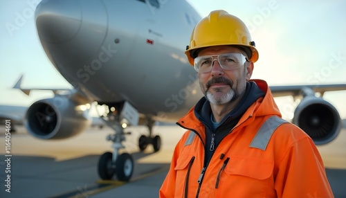 A safety-geared man stands confidently before a large airplane on a sunlit tarmac. photo