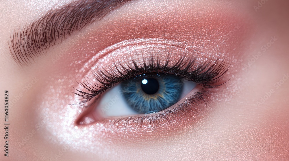 Obraz premium Close up of a beautifully enhanced eye featuring natural lashes and a soft pink tint ideal for bridal or special occasion makeup styles