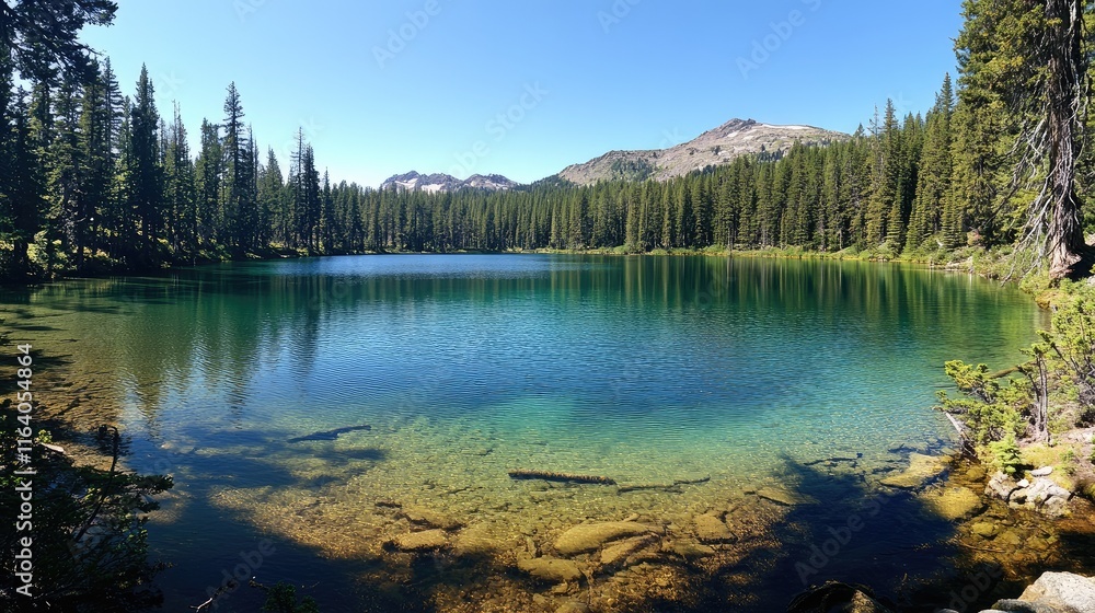 Serene alpine lake surrounded by lush pine trees and mountains under a clear blue sky in a tranquil natural landscape setting.