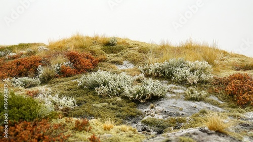 Alpine tundra landscape featuring diverse vegetation including crowberry, herbs, lichens, and moss under a cold desert climate. photo