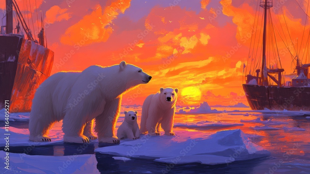 Polar Bears on Melting Ice Floes at Sunset Polar Bears on Melting Ice Floes at Sunset