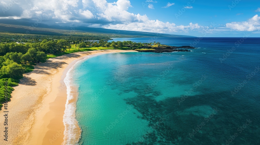 Aerial view of serene sandy beach with turquoise waters and curved shoreline under a bright blue sky and soft cloud shadows Aerial view of serene sandy beach with turquoise waters and curved shoreline under a bright blue sky and soft cloud shadows