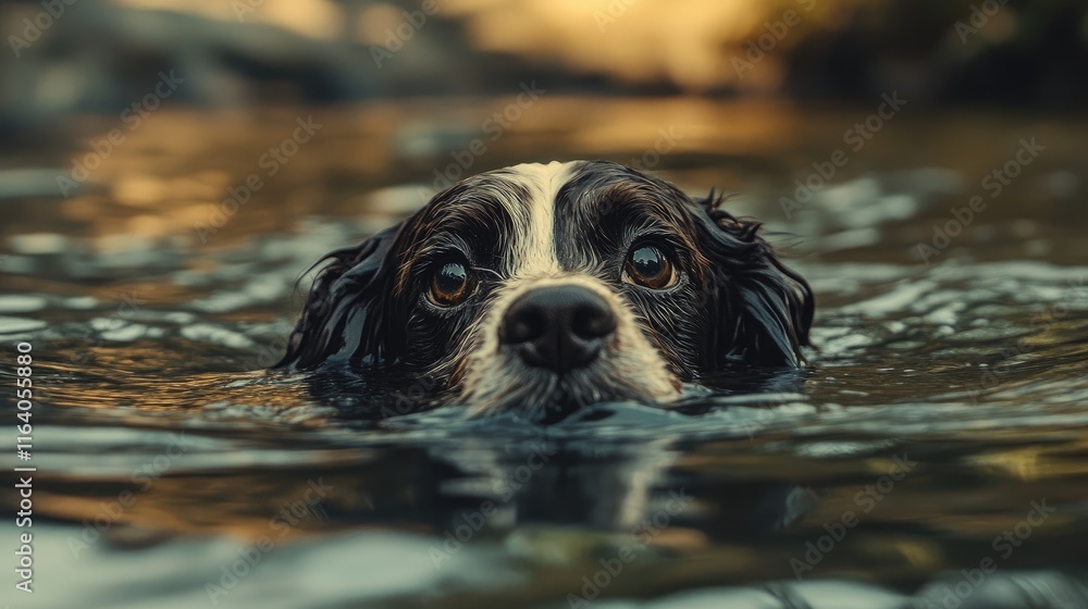 Spaniel swimming in serene water showcasing its playful nature and curiosity during a warm sunset backdrop Spaniel swimming in serene water showcasing its playful nature and curiosity during a warm sunset backdrop