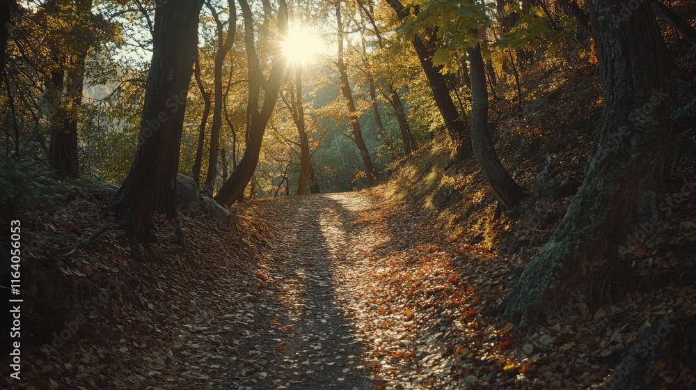 Fototapeta premium Autumn hiking trail in Alpine forest with vibrant leaves and sunlight filtering through the trees creating a serene outdoor atmosphere