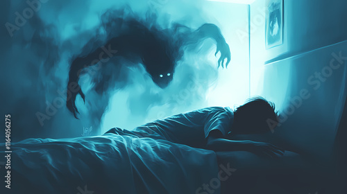 Person experiencing sleep paralysis with a shadowy figure hovering over them, ai generated. Wraithlike. Illustration