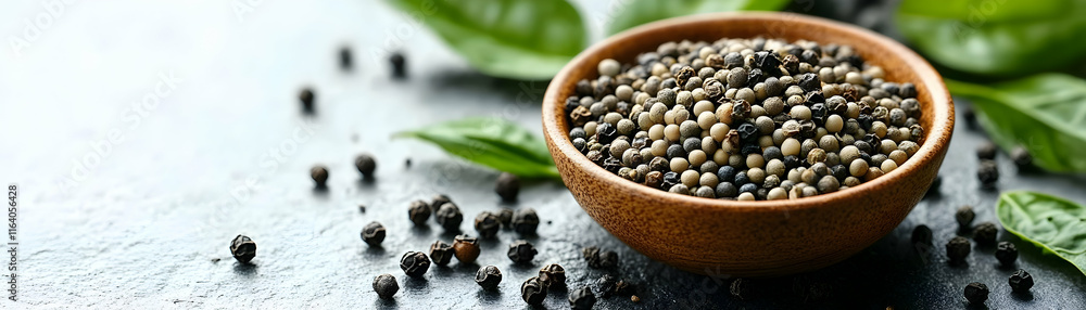 Aromatic Peppercorns in Wooden Bowl, Culinary Spice Image Aromatic Peppercorns in Wooden Bowl, Culinary Spice Image